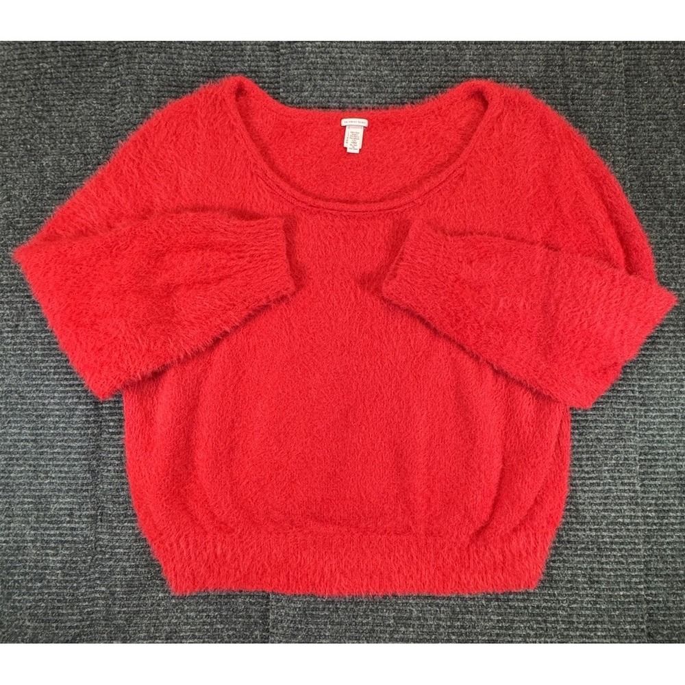 Victoria's Secret Red Fuzzy Knit Sweater Scoop Neck Cropped Pullover Top Size XL